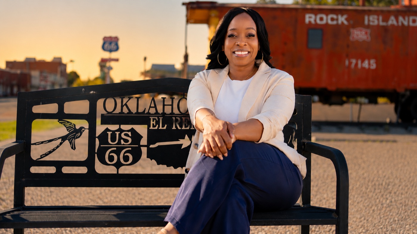 Environmental branding portrait at an outdoor OKC landmark